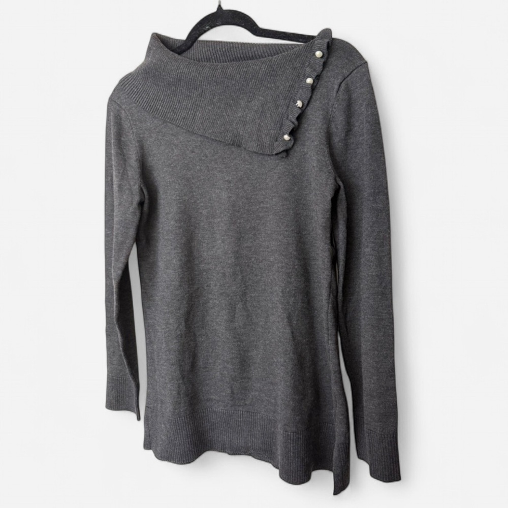 Cable & Gauge Charcoal Gray Asymmetric Neck Sweater - Pearl Detail - Size S/P - Picture 5 of 8
